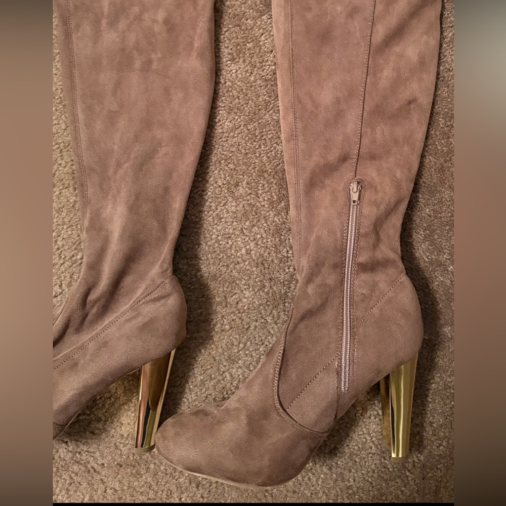 Madden Girl Taupe Over-the-Knee Boots with Gold Heels